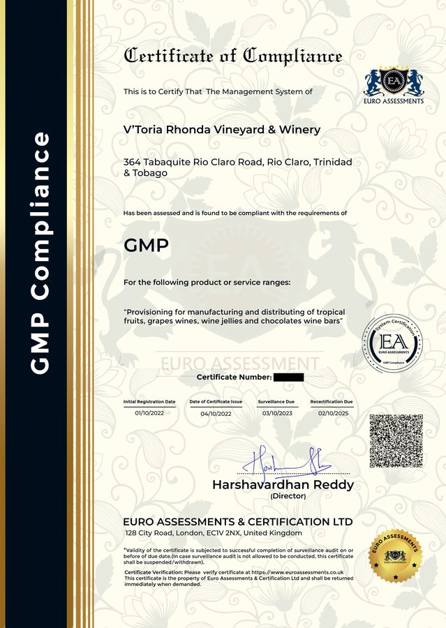 GMP Certificate of Compliance for V'Toria Rhonda Vineyard & Winery