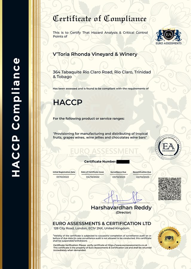 HACCP Certificate of Compliance for V'Toria Rhonda Vineyard & Winery