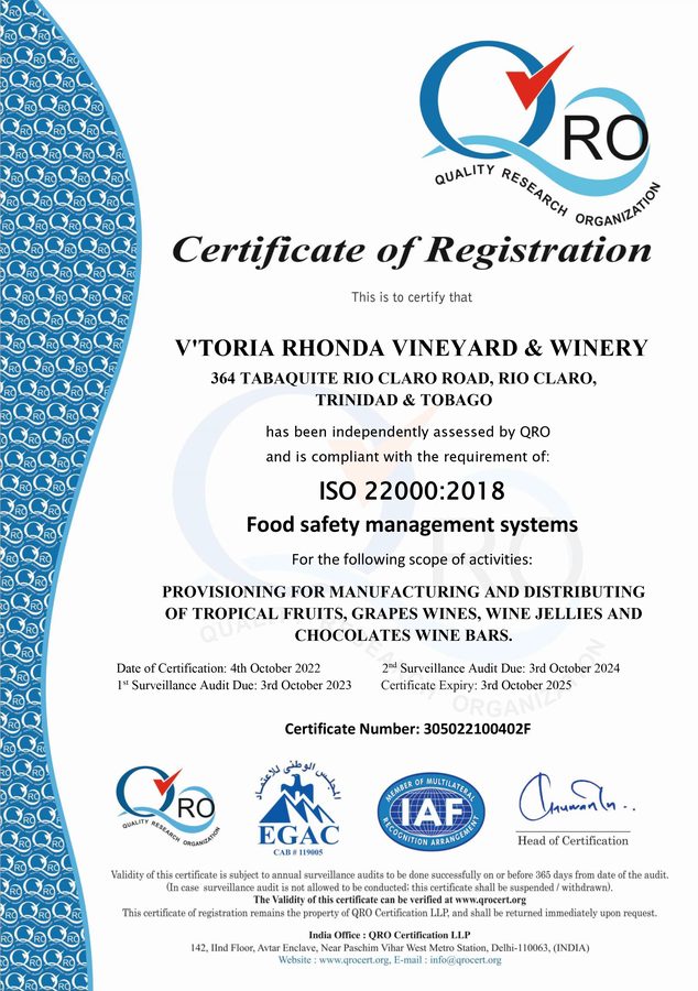 ISO 22000:2018 Certificate of Registration for V'Toria Rhonda Vineyard & Winery