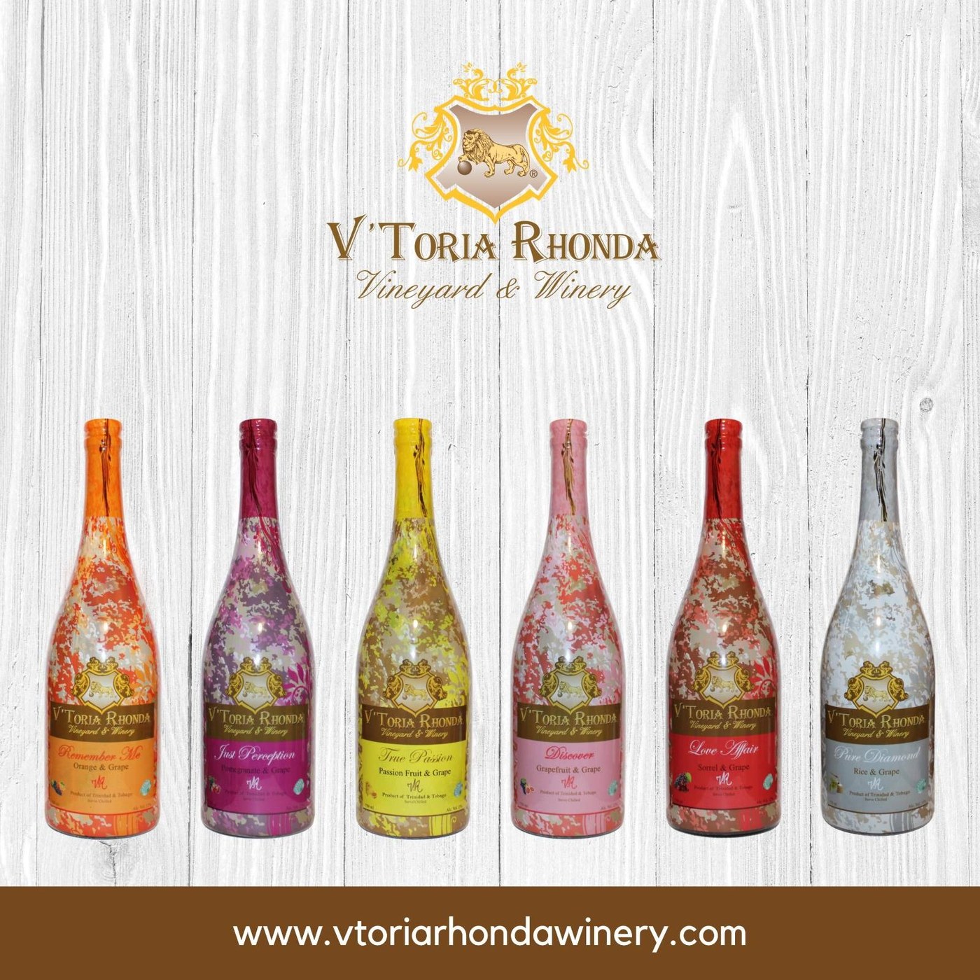 All six V'Toria Rhonda wine bottles: Remember Me, Just Perception, True Passion, Discover, Love Affair and Pure Diamond